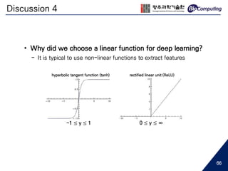 Discussion 4
• Why did we choose a linear function for deep learning?
- It is typical to use non-linear functions to extract features
hyperbolic tangent function (tanh) rectified linear unit (ReLU)
-1 ≤ y ≤ 1 0 ≤ y ≤ ∞
66
 