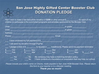 San Jose Highly Gifted Center Booster Club
                                  DONATION PLEDGE
Yes! I wish to make a tax-deductible donation of $350 or other amount $___________, for each of my
children to participate in the enrichment programs and activities sponsored by the Booster Club.

Child: ___________________________________________________in grade _____________
Child: ___________________________________________________in grade _____________
Address: ___________________________________________________________________________
Phone: ________________________________________ Email ______________________________

___ I have enclosed my full payment of $____________________
___ I will send my donation through PayPal.
___ I pledge a total of $ _________ to be paid in ___ installments. Please send me payment reminders:
$_____ Oct           $ _____ Nov              $ _____ Dec              $ _____ Jan
$_____ Feb           $ _____ Mar              $ _____ Apr              $ _____ May       $ _____ Jun

     ___ Yes          ___ No     My company may have a matching donation policy.
     ___ Yes          ___ No     I have contacts at a foundation or corporation that may help our school.

Please include your child’s name on checks, made payable to San Jose HGM Booster Club. Please return
                             this form to your teacher or to a Booster meeting.
                                       Thank you so much!
 