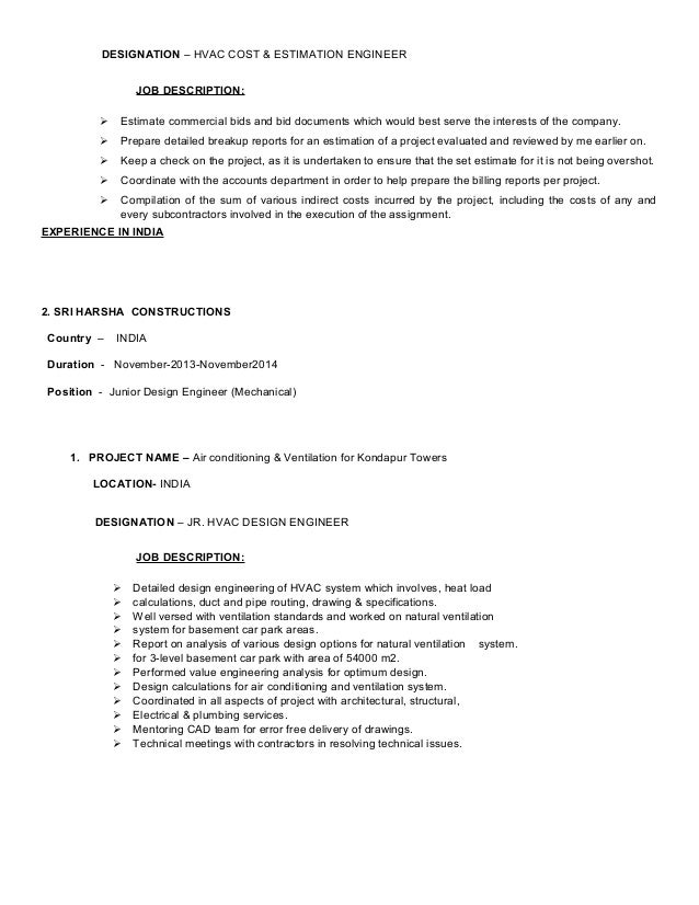 Design And Estimation Engineer Job Description | syed javed hazari hvac design engineer Design And Estimation Engineer Job Description | syed javed hazari hvac design engineer