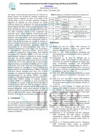 International Journal of Scientific Engineering and Research (IJSER)
www.ijser.in
ISSN (Online): 2347-3878
Volume 1 Issue 3, November, 2013
The impact of Macrophomina phaseolina for Charcoal rot
disease reaction was recorded by carefully examining the
external disease symptoms on stem of the plants at the
maturity stage of crop in all three treatments. Symptoms
suggestive of charcoal rot were observed on oilseed
sunflower plants [22]. Symptoms, first observed on plants
approaching physiological maturity, consisted of silver-gray
lesions girdling the stem at the soil line, premature plant
death, and reduced head diameter. The pith in the lower stem
was either completely absent or was compressed into
horizontal layers. Black, spherical micro-sclerotia were
observed in the pith of the lower stem, just underneath the
epidermis, and on the exterior of the tap root. Response of
sunflower under charcoal rot stress condition are exhibit in
Table-4 that all the accessions are variable in response to
disease and none of accessions are found to be completely
resistant against Macrophomina phaseolina. Study on
pathogenicity of M. phaseolinaindicated high levels of
variation in pathogenicity of the fungus [23]. Investigation
of Macrophomina phaseolina isolates showed great
variability in pathogenicity among isolates from different
host species [24]. Therefore, HRBS-1, G-12 and A-79 are
found moderate resistance to charcoal rot disease because
they have the disease incidence amoung the 10-24%
according to ranking scale. The accession A-50, G-43, G-5,
G-40, G-100, G-61, A-48, G-45, G-2 and G-3 have 25-49%
disease incidence are moderate susceptible and G-57, G-30,
G-50, G-60, A-60, G-82, G-34 and A-19 showed 50-74%
disease incidence are susceptible to disease infection and
cause in reduction of yield of sunflower. HBRS-5, G-46 and
G-54 have disease incidence more than 75% so these
accessions are categorized in high susceptible and strongly
not-recommended for the sowing. HBRS-1 was highly
resistance in 2006 and moderate resistance during 2007 [25].
During 2008, HRBS-1 exhibits as moderate resistance
accession. HRBS-1 is considered as good accession and
recommended for sowing. G-100 also showed deviation in
resistance during 2006 and 2007 as compared with the
results of experiment conducting during 2008 which was
moderate susceptible, which cause reduction in yield of
sunflower. G-46 was susceptible during 2006 and 2007 and
showed highly susceptible disease incidence during 2008.
Therefore, G-46 was not recommended as good accession.
4. Conclusion
The current study describes that mostly sunflower accessions
are susceptible to charcoal rot (Macrophomina phaseolina).
However three accessions (HBRS-1, A-79, G-12) showed
moderate resistance. It is a challenge for scientists to develop
disease resistant, high yielding cultivars with improved oil
contents of sunflower.
Table 4: Response of sunflower accessions to charcoal rot
(Macrophomina phaseolina) disease
Grade
Disease
Incidence
Status Remarks
0 0% Immune Nil
1 1-9% Resistant Nil
2 10-24%
Moderate
Resistant
HBRS-1, A-79, G-12
3 25-49%
Moderate
Susceptible
A-50, G-43, G-5, G-40, G-100, G-
61, A-48, G-45, G-2, G-3
4 50-74% Susceptible
G-57, G-30, G-50, G-60, A-60, G-
82, G-34, A-19
5
75% and
above
Highly
Susceptible
HBRS-5, G-46, G-54
References
[1] Mehdi, S.S. and S.A. Mehdi, 1988. Charcoal rot
resistance in sunflower cultivars at various plant
densities. Pakistan J. Sci. Ind. Res., 31: 786–7
[2] Khan, A., 2001. Yield performance, heritability and
interrelationship in some quantitative traits in sunflower.
Helia, 24: 35–40
[3] Purkayastha, S., B. Kaur, N. Dilbaghi and A.
Chaudthury, 2006. Characterization of Macrophomina
phaseolina, the charcoal rot pathogen of cluster bean,
using conventional techniques and PCR-RAPD
basedmolecular markers. Plant pathology, 55: 106-116.
[4] Ijaz S., H.A. Sadaqat and M.N. Khan, 2012. A review of
the impact of charcoal rot (Macrophomina phaseolina)
on sunflower. J. Agri. Sci., Page 1- 6
[5] Khan, S.N. 2007. Macrophomina phaseolina as causal
agent for charcoal rot of sunflower. Mycopath, 5:111-
118.
[6] Dalili, S.A., S.V. Alavi and V. Ramee, 2009. Response
of Sunflower New Genotypes to Charcoal Rot Disease,
Macrophominapheseolina(Tassi) Goidanch. Journal, 25-
1: 155-147.
[7] Mahtab R., D.S.R. Alireza, A. Abasali and S.N.A.
Masoud, 2013. Study on Reaction of Sunflower Lines
and Hybrids to Macrophomina phaseolina (Tassi)
Goid.causal Agent of Charcoal rot Disease. World Appl.
Sci. J. 21 (1): 129-133.
[8] Punia, M.S. and H.S. Gill, 1994. Correlations and path-
coefficient analysis for seed yield traits in sunflower
(Helianthus annuus L.). Helia, 17: 7–12
[9] Patil, B.R., M. Rudaradhya, C.H.M. Vijayakumar, H.
Basappa and R.S. Kulkarini, 1996. Correlation and path
analysis in sunflower. J. Oilseed Res., 13: 162–6
[10]Lal, G.S., V.S. Bhaderiya and A.K. Singh, 1997.
Genetic association and path analysis in elite lines of
sunflower. Crop Res. Hisar, 13: 631–4
[11]Teklewold, A., H. Jayaramaiah and B.N. Jagadeesh,
2000. Correlation and path analysis of phasio-
marphological characters of sunflower (Helianthus
annuus L.) as related to breeding method. Helia, 23:
105–4
[12]Ashok, S., N. Mohamed Sheriff and S.L. Narayanan,
2000. Combining ability studies in sunflower
(Helianthus annuus L.). Crop Res. Hisar, 20: 457–62
Paper ID: J201338 91 of 92
 