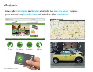 //Touchpoints

Services have intangible and tangible elements that generate value - tangible
goods are used as physical evidence of a service called touchpoints




http://www.zipcar.com
 