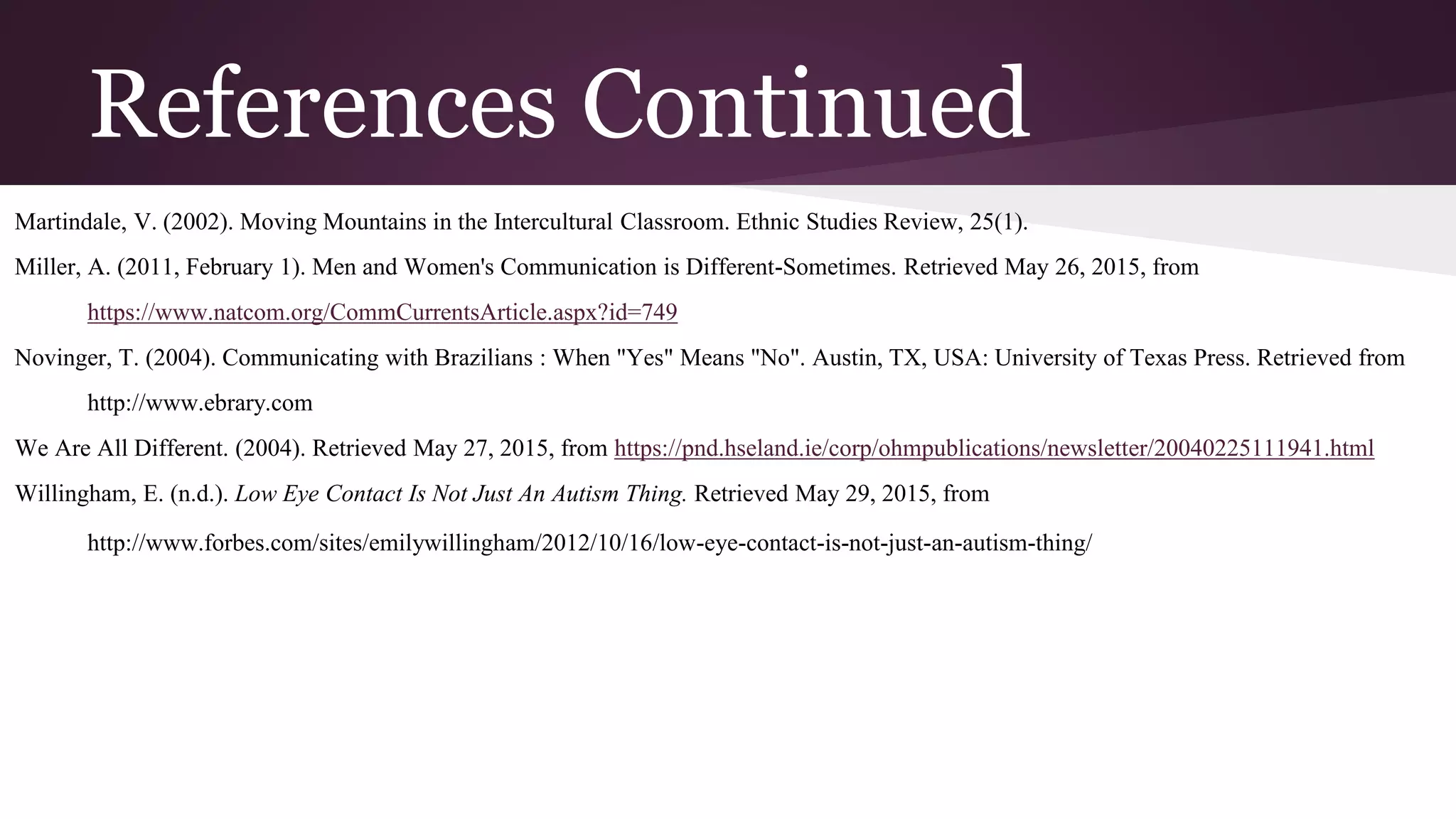 References Continued
Martindale, V. (2002). Moving Mountains in the Intercultural Classroom. Ethnic Studies Review, 25(1).
Miller, A. (2011, February 1). Men and Women's Communication is Different-Sometimes. Retrieved May 26, 2015, from
https://www.natcom.org/CommCurrentsArticle.aspx?id=749
Novinger, T. (2004). Communicating with Brazilians : When "Yes" Means "No". Austin, TX, USA: University of Texas Press. Retrieved from
http://www.ebrary.com
We Are All Different. (2004). Retrieved May 27, 2015, from https://pnd.hseland.ie/corp/ohmpublications/newsletter/20040225111941.html
Willingham, E. (n.d.). Low Eye Contact Is Not Just An Autism Thing. Retrieved May 29, 2015, from
http://www.forbes.com/sites/emilywillingham/2012/10/16/low-eye-contact-is-not-just-an-autism-thing/
 
