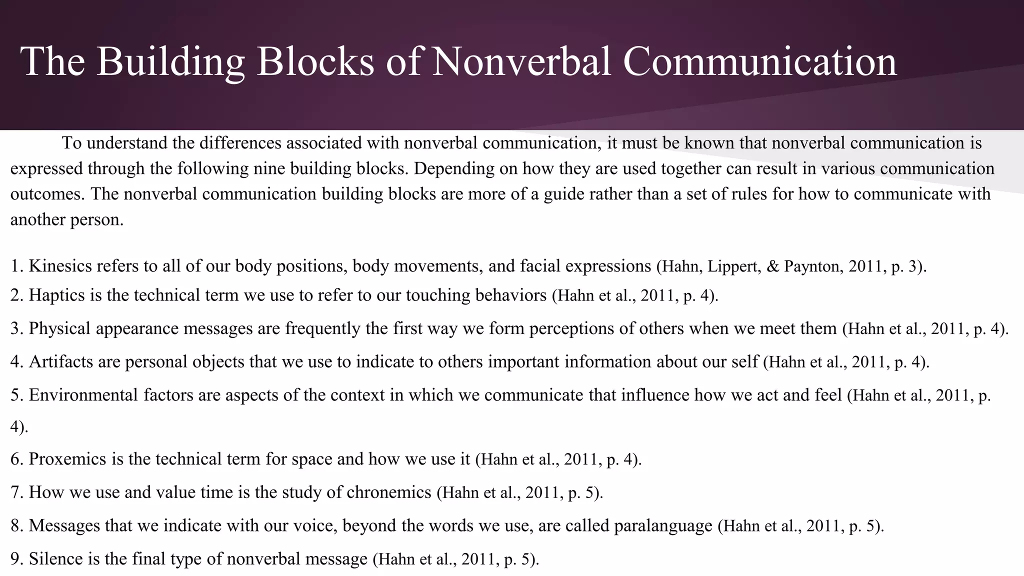 The Building Blocks of Nonverbal Communication
To understand the differences associated with nonverbal communication, it must be known that nonverbal communication is
expressed through the following nine building blocks. Depending on how they are used together can result in various communication
outcomes. The nonverbal communication building blocks are more of a guide rather than a set of rules for how to communicate with
another person.
1. Kinesics refers to all of our body positions, body movements, and facial expressions (Hahn, Lippert, & Paynton, 2011, p. 3).
2. Haptics is the technical term we use to refer to our touching behaviors (Hahn et al., 2011, p. 4).
3. Physical appearance messages are frequently the first way we form perceptions of others when we meet them (Hahn et al., 2011, p. 4).
4. Artifacts are personal objects that we use to indicate to others important information about our self (Hahn et al., 2011, p. 4).
5. Environmental factors are aspects of the context in which we communicate that influence how we act and feel (Hahn et al., 2011, p.
4).
6. Proxemics is the technical term for space and how we use it (Hahn et al., 2011, p. 4).
7. How we use and value time is the study of chronemics (Hahn et al., 2011, p. 5).
8. Messages that we indicate with our voice, beyond the words we use, are called paralanguage (Hahn et al., 2011, p. 5).
9. Silence is the final type of nonverbal message (Hahn et al., 2011, p. 5).
 