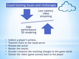 • Collect a player’s actions,
• Transmit them to the cloud server
• Process the action
• Render the results
• Encode/compr...