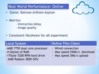 Local System Onlive Thin Client
-AMD 7750 dual core processor
-4 Gbytes of RAM
-1Tbyte 7200 RPM hard drive
- AMD Radeon 38...
