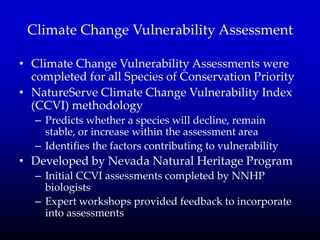 Climate Change Vulnerability Assessment
• Climate Change Vulnerability Assessments were
completed for all Species of Conservation Priority
• NatureServe Climate Change Vulnerability Index
(CCVI) methodology
– Predicts whether a species will decline, remain
stable, or increase within the assessment area
– Identifies the factors contributing to vulnerability
• Developed by Nevada Natural Heritage Program
– Initial CCVI assessments completed by NNHP
biologists
– Expert workshops provided feedback to incorporate
into assessments
 