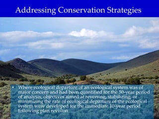 Addressing Conservation Strategies
• Where ecological departure of an ecological system was of
major concern and had been quantified for the 50-year period
of analysis, objectives aimed at reversing, stabilizing, or
minimizing the rate of ecological departure of the ecological
system were developed for the immediate 10-year period
following plan revision
 