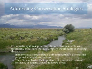Addressing Conservation Strategies
• For aquatic systems, potential climate change effects were
frequently modifiers that just amplify the impacts of existing
threats.
– In many cased climate inputs didn’t substantially alter existing
proposed strategies and actions
– They did emphasize the importance of strategies to increase
resiliency of aquatic systems to future effects
 