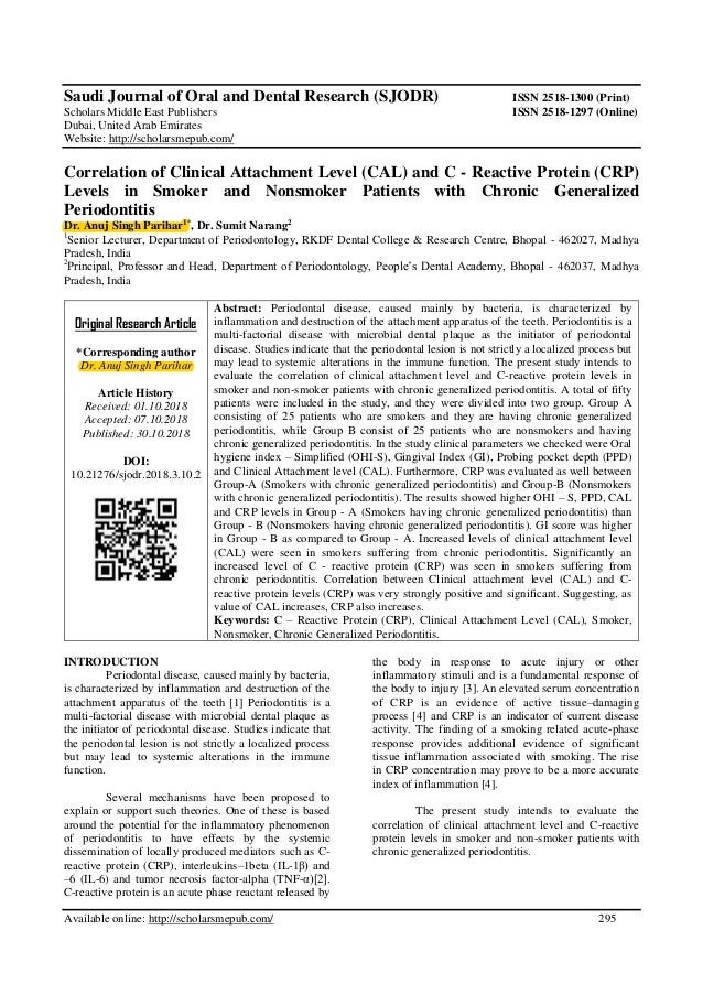 Correlation of Clinical Attachment Level (CAL) and C Reactive Prote…
