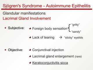 Sjögren's Syndrome - Autoimmune Epithelitis
Glandular manifestations
Lacrimal Gland Involvement
Subjective:
Objective:
Foreign body sensation
Lack of tearing  “sticky” eyelids
Conjunctival injection
Lacrimal gland enlargement (rare)
Keratoconjuctivitis sicca
“gritty”
“sandy”
 
