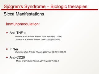 Sjögren's Syndrome – Biologic therapies
Sicca Manifestations
Immunomodulation:
Anti-TNF a
Mariette et al. Arthritis Rheum. 2004 Apr;50(4):1270-6,
Sankar et al.Arthritis Rheum. 2004 Jul;50(7):2240-5.
IFN-a
Cummins et al. Arthritis Rheum. 2003 Aug 15;49(4):585-93.
Anti-CD20
Meijer et al.Arthritis Rheum. 2010 Apr;62(4):960-8.
 