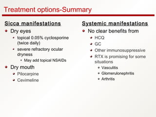 Treatment options-Summary
Systemic manifestations
No clear benefits from
HCQ
GC
Other immunosuppressive
RTX is promising for some
situations
Vasculitis
Glomerulonephritis
Arthritis
Sicca manifestations
Dry eyes
topical 0.05% cyclosporine
(twice daily)
severe refractory ocular
dryness
May add topical NSAIDs
Dry mouth
Pilocarpine
Cevimeline
 
