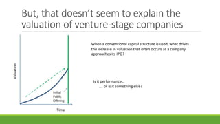 But, that doesn’t seem to explain the
valuation of venture-stage companies
When a conventional capital structure is used, what drives
the increase in valuation that often occurs as a company
approaches its IPO?
Is it performance…
…. or is it something else?
 