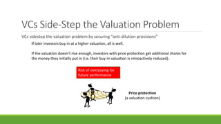 VCs Side-Step the Valuation Problem
VCs sidestep the valuation problem by securing “anti-dilution provisions”
Price protection
(a valuation cushion)
If later investors buy in at a higher valuation, all is well.
If the valuation doesn’t rise enough, investors with price protection get additional shares for
the money they initially put in (i.e. their buy-in valuation is retroactively reduced).
Risk of overpaying for
future performance
 
