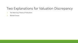 Two Explanations for Valuation Discrepancy
1. The Next Guy Theory of Valuation
2. Market Forces
 