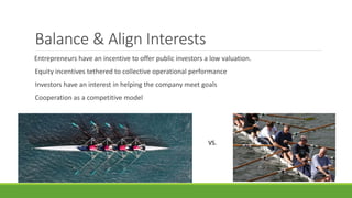 Balance & Align Interests
Entrepreneurs have an incentive to offer public investors a low valuation.
Equity incentives tethered to collective operational performance
Investors have an interest in helping the company meet goals
Cooperation as a competitive model
VS.
 