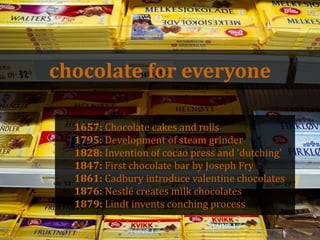 chocolate for everyone<br />1657: Chocolate cakes and rolls<br />1795:Developmentofsteam grinder<br />1828: Inventionofcoc...