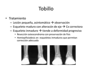 Tobillo
• Tratamiento
– Lesión pequeña, asintomático  observación
– Esqueleto maduro con alteracón de eje  Cx correctora
– Esqueleto inmaduro  tiende a deformidad progresiva
• Resección osteocondroma con preservación de físis
• Hemiepifisiodesis en esqueletos inmaduros que permitan
corrección adecuada
 