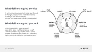 What deﬁnes a good service
3 18-02-2017!
A right product (business, technology and design) !
to the right people (human-centred approach) !
at the right time (lean and agile) !
with the right experience (human-centred design) !
What deﬁnes a good product
utility (does it fulﬁll a physical need?) !
desirability (does it fulﬁll an emotional need?) !
usability (can I actually use it to meet a need?) !
and the experience (am I valued as a customer?) !
before, during, and after the purchase decision !
 