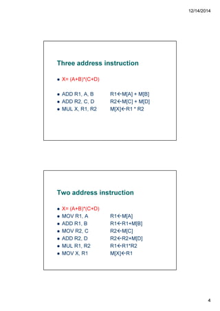12/14/2014
4
Three address instruction
X= (A+B)*(C+D)
ADD R1, A, B R1 M[A] + M[B]
ADD R2, C, D R2 M[C] + M[D]
MUL X, R1, R2 M[X] R1 * R2
Two address instruction
X= (A+B)*(C+D)
MOV R1, A R1 M[A]
ADD R1, B R1 R1+M[B]
MOV R2, C R2 M[C]
ADD R2, D R2 R2+M[D]
MUL R1, R2 R1 R1*R2
MOV X, R1 M[X] R1
 