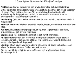 SJ’swebbplats, 16 september 2009 (draft analys) Problem: customerexperience och användbarheten behöver förbättras.  SJ har säkerligen användbarhetsexperter, grafiska designer och webb experter till hands. Trots detta verkar inte SJ’s webbplats erbjuda ett nöje vid användning. Är det pga intern politik, bristande IT-kompetens eller att prioriterar ner ”customersatisfaction”?  Användning (när, var): webbplatsenanvändsnärsomhelst, vidbehovavolikamålgrupper.  Browser, platform: Internet Explorer, Firefox, Opera, Chrome för Windows och Mac.  Kunder (vilka): störstamålgruppen (vet ej), men jag förmodarpendlare, affärsresenärerochprivataresenärer Begränsning: Harejtestattillgänglighetochfunktionshinder. Analys: interaktionenkanförbättras med specifikaförändringar. Störstaförändringargällerbokningavsittplats (vidlängreresor), samtdetkritiskasteget, nämligenbetalningsurval. Lösning:  SJ vet säkertvadanvändarnagör online påderaswebbplats, samtvilkenfunktionalitätsomönskaravanvändarna.  Gören top 5 listaenligtförvarjemålgruppochimplementeradessaförändringar NU! 