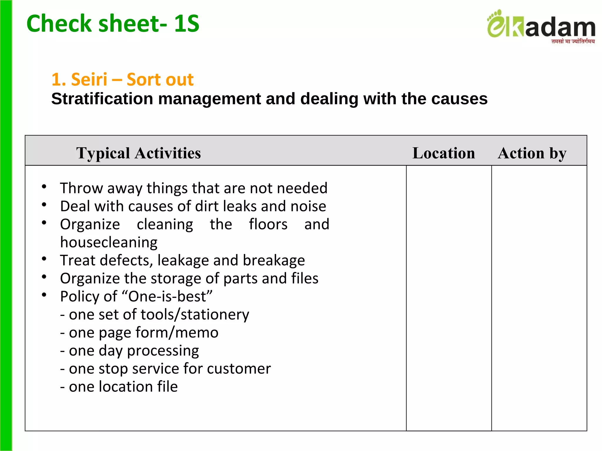 Check sheet- 1S
1. Seiri – Sort out
Stratification management and dealing with the causes
Typical Activities Location Action by
• Throw away things that are not needed
• Deal with causes of dirt leaks and noise
• Organize cleaning the floors and
housecleaning
• Treat defects, leakage and breakage
• Organize the storage of parts and files
• Policy of “One-is-best”
- one set of tools/stationery
- one page form/memo
- one day processing
- one stop service for customer
- one location file
 