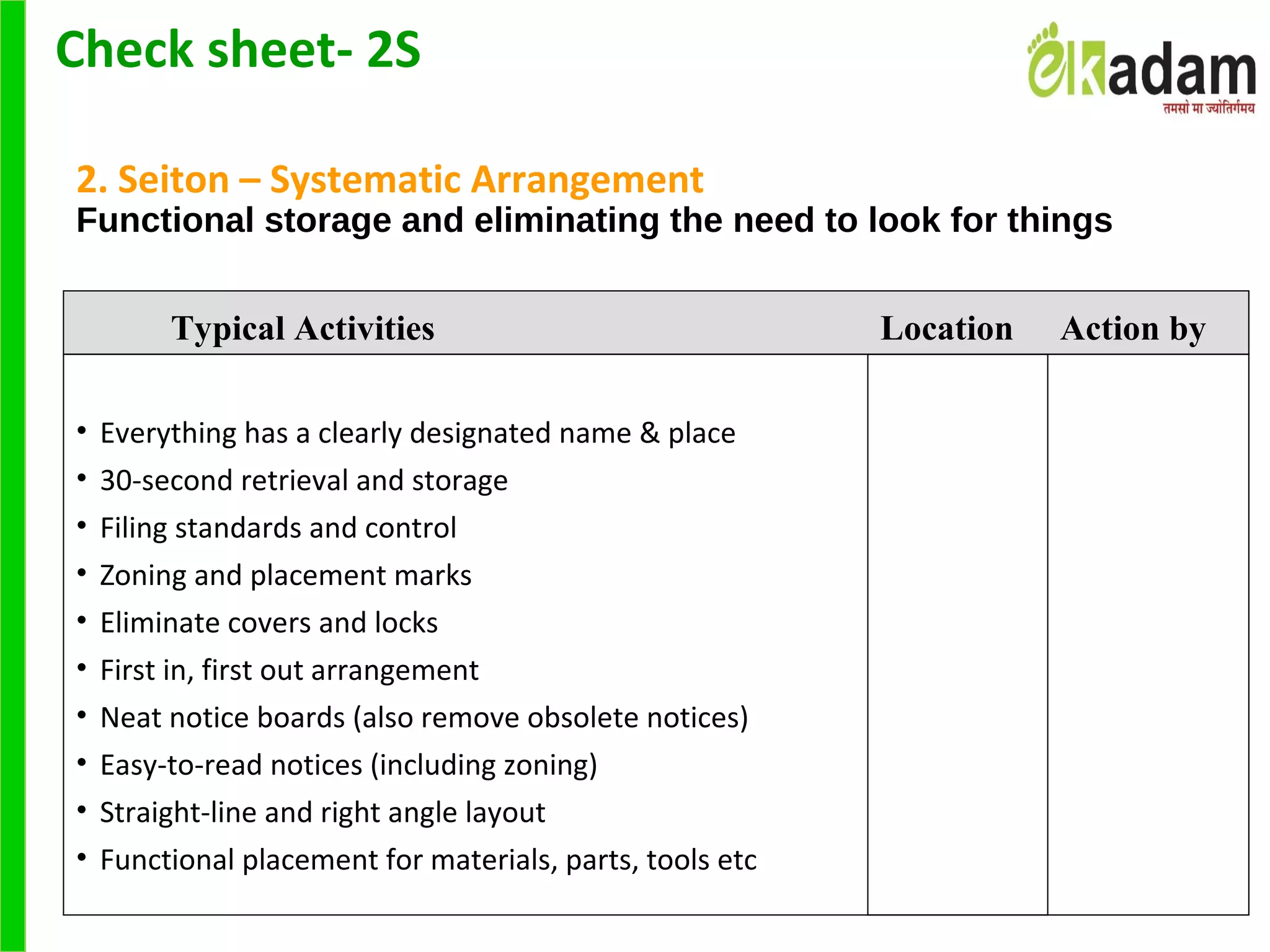 2. Seiton – Systematic Arrangement
Functional storage and eliminating the need to look for things
Typical Activities Location Action by
• Everything has a clearly designated name & place
• 30-second retrieval and storage
• Filing standards and control
• Zoning and placement marks
• Eliminate covers and locks
• First in, first out arrangement
• Neat notice boards (also remove obsolete notices)
• Easy-to-read notices (including zoning)
• Straight-line and right angle layout
• Functional placement for materials, parts, tools etc
Check sheet- 2S
 