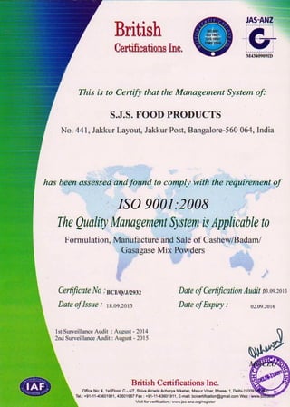 Sjs food iso9001 certificate