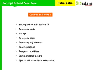 Concept Behind Poke Yoke Poke-Yoke
Causes of Errors :
• Inadequate written standards
• Too many parts
• Mix up
• Too many steps
• Too many adjustments
• Tooling change
• Frequent repetition
• Environmental factors
• Specifications / critical conditions
 