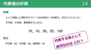 代表値の計算 14
問題
５⼈に実施した理科のテスト（100点満点）の結果は，次のようになった。
平均値，中央値，最頻値をもとめよ。
10，10，20，25，100
答え
平均値︓33，中央値︓20，最頻値︓10
代表する値として
適切なのは どれ︖
 