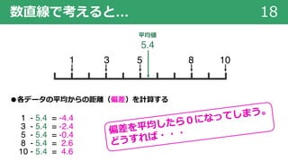 数直線で考えると… 18
5 8 1031
5.4
平均値
●各データの平均からの距離（偏差）を計算する
1 - 5.4 = -4.4
3 - 5.4 = -2.4
5 - 5.4 = -0.4
8 - 5.4 = 2.6
10 - 5.4 = 4.6
偏差を平均したら０になってしまう。
どうすれば・・・
 