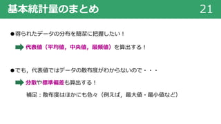 基本統計量のまとめ 21
●得られたデータの分布を簡潔に把握したい︕
●でも，代表値ではデータの散布度がわからないので・・・
補⾜︓散布度はほかにも⾊々（例えば，最⼤値・最⼩値など）
代表値（平均値，中央値，最頻値）を算出する︕
分散や標準偏差も算出する︕
 