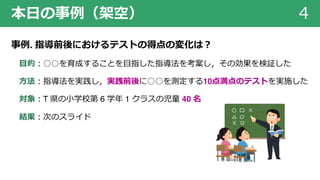 本⽇の事例（架空） 4
事例. 指導前後におけるテストの得点の変化は︖
⽬的︓○○を育成することを⽬指した指導法を考案し，その効果を検証した
⽅法︓指導法を実践し，実践前後に○○を測定する10点満点のテストを実施した
対象︓T 県の⼩学校第 6 学年 1 クラスの児童 40 名
結果︓次のスライド
 