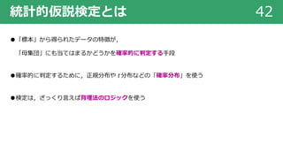 統計的仮説検定とは 42
●「標本」から得られたデータの特徴が，
「⺟集団」にも当てはまるかどうかを確率的に判定する⼿段
●確率的に判定するために，正規分布や t 分布などの「確率分布」を使う
●検定は，ざっくり⾔えば背理法のロジックを使う
 