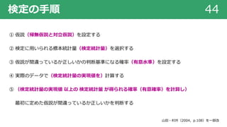 検定の⼿順 44
① 仮説（帰無仮説と対⽴仮説）を設定する
② 検定に⽤いられる標本統計量（検定統計量）を選択する
③ 仮説が間違っているか正しいかの判断基準になる確率（有意⽔準）を設定する
④ 実際のデータで（検定統計量の実現値を）計算する
⑤ （検定統計量の実現値 以上の 検定統計量 が得られる確率（有意確率）を計算し）
最初に定めた仮説が間違っているか正しいかを判断する
⼭⽥・村井（2004，p.108）を⼀部改
 