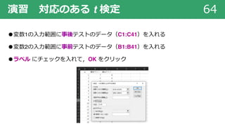 演習 対応のある t 検定 64
●変数1の⼊⼒範囲に事後テストのデータ（C1:C41）を⼊れる
●変数2の⼊⼒範囲に事前テストのデータ（B1:B41）を⼊れる
●ラベル にチェックを⼊れて，OK をクリック
 