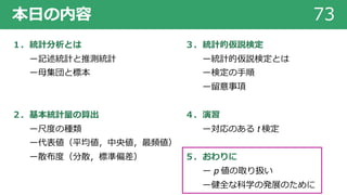 本⽇の内容 73
１．統計分析とは
ー記述統計と推測統計
ー⺟集団と標本
２．基本統計量の算出
ー尺度の種類
ー代表値（平均値，中央値，最頻値）
ー散布度（分散，標準偏差）
３．統計的仮説検定
ー統計的仮説検定とは
ー検定の⼿順
ー留意事項
４．演習
ー対応のある t 検定
５．おわりに
ー p 値の取り扱い
ー健全な科学の発展のために
 