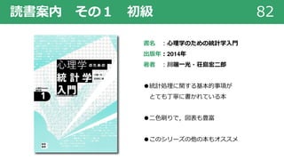 読書案内 その１ 初級 82
書名 ︓⼼理学のための統計学⼊⾨
出版年︓2014年
著者 ︓川端⼀光・荘島宏⼆郎
●統計処理に関する基本的事項が
とても丁寧に書かれている本
●⼆⾊刷りで，図表も豊富
●このシリーズの他の本もオススメ
 