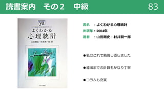 読書案内 その２ 中級 83
書名 ︓よくわかる⼼理統計
出版年︓2004年
著者 ︓⼭⽥剛史・村井潤⼀郎
●私はこれで勉強し直しました
●導出までの計算もかなり丁寧
●コラムも充実
 