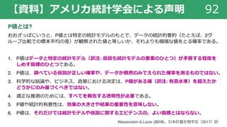 【資料】アメリカ統計学会による声明 92
P値とは?
おおざっぱにいうと、P値とは特定の統計モデルのもとで、データの統計的要約（たとえば、2グ
ループ⽐較での標本平均の差）が観察された値と等しいか、それよりも極端な値をとる確率である。
1. P値はデータと特定の統計モデル（訳注: 仮説も統計モデルの要素のひとつ）が⽭盾する程度を
しめす指標のひとつである。
2. P値は、調べている仮説が正しい確率や、データが偶然のみでえられた確率を測るものではない。
3. 科学的な結論や、ビジネス、政策における決定は、P値がある値（訳注: 有意⽔準）を超えたか
どうかにのみ基づくべきではない。
4. 適正な推測のためには、すべてを報告する透明性が必要である。
5. P値や統計的有意性は、効果の⼤きさや結果の重要性を意味しない。
6. P値は、それだけでは統計モデルや仮説に関するエビデンスの、よい指標とはならない。
Wasserstein & Lazar (2016)，⽇本計量⽣物学会（2017）訳
 