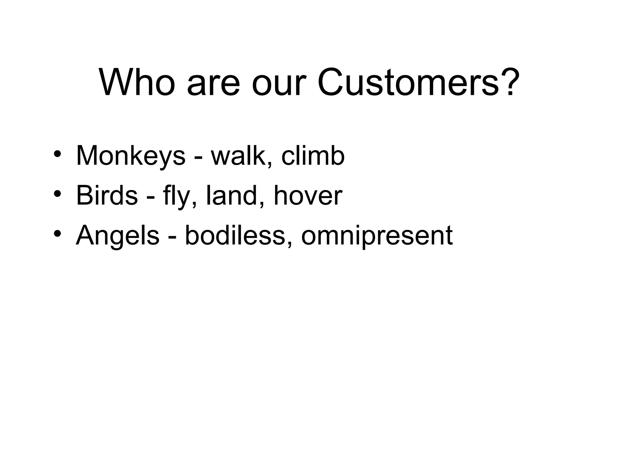 Who are our Customers? Monkeys - walk, climb Birds - fly, land, hover Angels - bodiless, omnipresent 