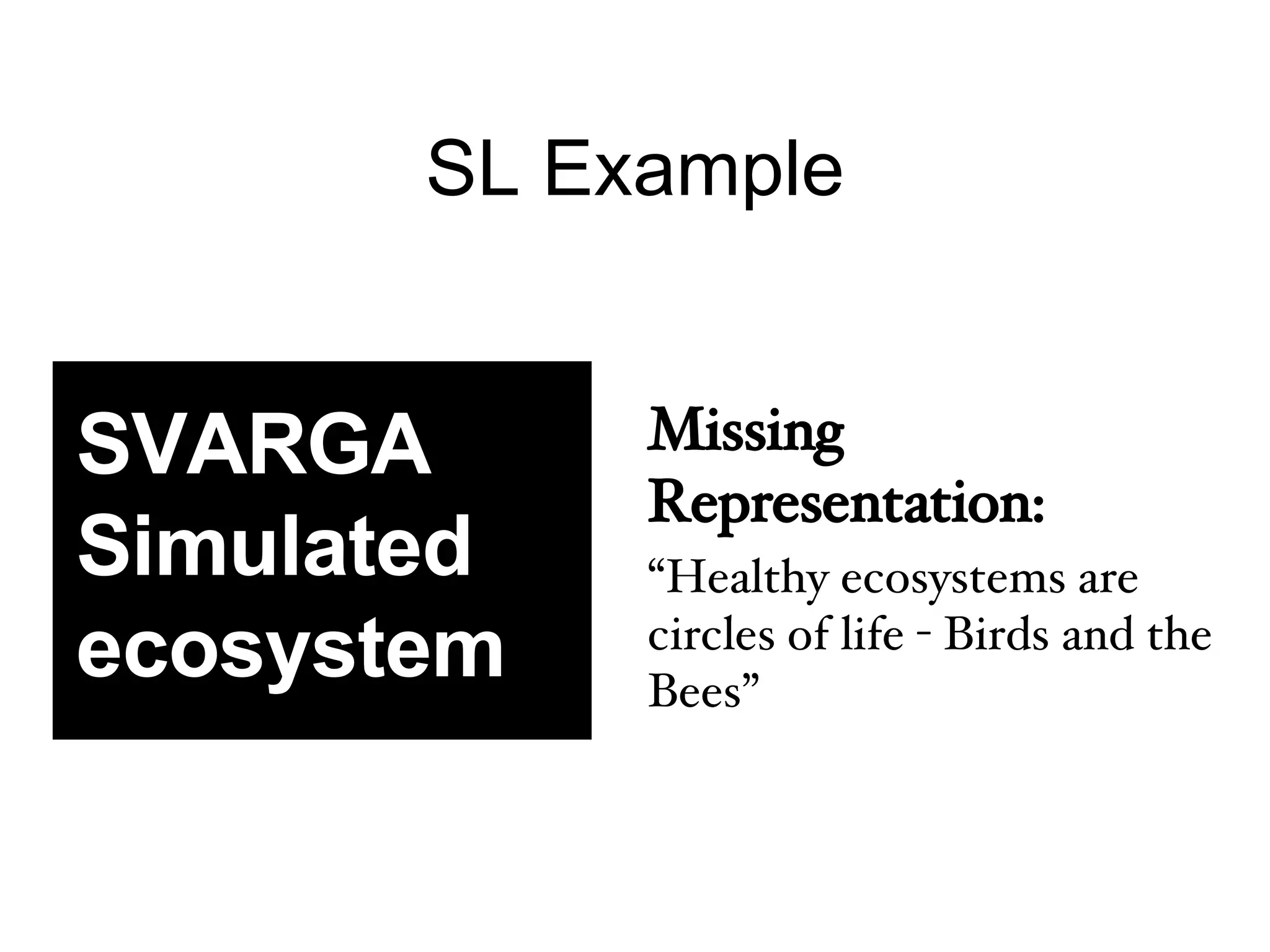 SL Example Missing Representation: “ Healthy ecosystems are circles of life - Birds and the Bees” SVARGA Simulated ecosystem 
