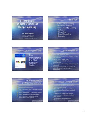1
ePortfolios:
Digital Stories of
Deep Learning
Dr. Helen Barrett
Research Project Director
The REFLECT Initiative
University of Alaska Anchorage (retired)
Themes
• 21st Century Learning
• Electronic Portfolios
• Assessment for Learning
• Reflection
• Storytelling
• Digital Storytelling
• Examples
http://www.21stcenturyskills.org/
The
Partnership
for 21st
Century
Skills
Education that…
• Connects to students’ lives
– Reduces GAP between how students live and
how they learn
• Reflects “How People Learn”
1. Uses prior knowledge to build new
understanding
2. Able to organize knowledge within conceptual
framework
3. Metacognitive approach, take control of
learning, monitor progress, improve
achievement
6 Key Elements of
21st Century Learning
1. Emphasize core subjects
2. Emphasize learning skills
3. Use 21st century tools to develop learning
skills
4. Teach and learn in a 21st century context
5. Teach and learn 21st century content
6. Use 21st century assessments that
measure 21st century skills
Partnership for 21st Century Skills
http://www.21stcenturyskills.org/
21st Century Learning Skills
• Information and Media Literacy Skills
• Communication Skills
• Critical Thinking and Systems Thinking
• Problem Identification, Formulation and
Solution
• Creativity and Intellectual Curiosity
• Interpersonal and Collaborative Skills
• Self-Direction
• Accountability and Adaptability
• Social Responsibility Partnership for 21st Century Skills
http://www.21stcenturyskills.org/
 