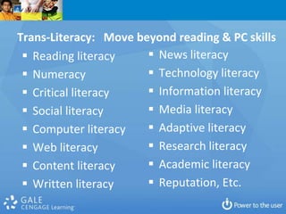Trans-Literacy: Move beyond reading & PC skills
  Reading literacy     News literacy
  Numeracy             Technology literacy
  Critical literacy    Information literacy
  Social literacy      Media literacy
  Computer literacy    Adaptive literacy
  Web literacy         Research literacy
  Content literacy     Academic literacy
  Written literacy     Reputation, Etc.
 