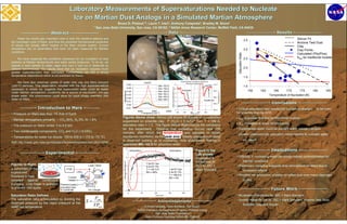 Laboratory Measurements of Supersaturations Needed to Nucleate
                                               Ice on Martian Dust Analogs in a Simulated Martian Atmosphere
                                                                                 Bruce D. Phebus1,2, Laura T. Iraci2, Anthony Colaprete2, Bradley M. Stone1
                                                                 1 San Jose State University, San Jose, CA 95192; 2 NASA Ames Research Center, Moffett Field, CA 94035

       ___________~ Abstract ~___________                                                     ___________~ Data ~___________                                                              ___________~ Results ~___________

     Water ice clouds play important roles in both the radiative balance and
                                                                                                                                                                                                                        ........ Silicon Fit
the hydrologic cycle of Mars, and thus the predicted microphysical properties
                                                                                                                                                                                        3.5                             _ _ _ Arizona Test Dust
of clouds can greatly affect models of the Mars climate system. Current                                                                                                                                                 ____ Clay
simulations rely on parameters that have not been measured for Martian                                                                                                                  3.0                                      Clay Points
conditions.
                                                                                                                                                                                                                                 Calculated (Pliq/Pice)




                                                                                                                                                                     Saturation Ratio
      We have measured the conditions necessary for ice nucleation on dust                                                                                                              2.5                                      Shet for traditional models
particles at Martian temperatures and water partial pressures. To do so, we
expose a dust sample to water vapor and cool it until ice is observed by
infrared spectroscopy. Our results show that ice nucleation requires much                                                                                                               2.0
greater supersaturation than estimated. Furthermore, we find a strong
temperature dependence which is not predicted by theory.
                                                                                                                                                                                        1.5
    We have also observed uptake of water onto clay and Mars simulant
(JSC-1) particles. This observation, coupled with the high supersaturations                                                                                                             1.0
necessary to initiate ice, suggests that supercooled water could be stable                                                          Nucleation                                             155       160        165      170       175       180       185
under Martian atmospheric conditions. As a source of non-frozen, non-gas
phase water, this phenomenon could allow for liquid phase chemistry with                                                                                                                                     Temperature of Nucleation [K]
water on Mars.                                                                                                                                        Equilibrium
                                                                                                                                                                                    ___________~ Conclusions ~___________
      ______~ Introduction to Mars ~______
                                                                                                                                                                    • Critical saturation ratio needed for nucleation appears                  to be lower
• Pressure on Mars less than 1% that of Earth                                                                                                                       for smectite than for ATD
                                                                                   Figures Above show: Above Left shows IR spectra of a nucleation                  • Scrit is greater that that for traditional models
• Martian atmosphere primarily: ~ CO2 95%, N2 3%, Ar 1.6%                          experiment on smectite clay. P (H2O) = 5.3x10-6 Torr, T = 169 K,
                                                                                                                                                                    • Scrit increases at lower temperatures
• The pressure on Mars varies: 3 to 6.5 torr                                       saturation ratio = 1.3. The figure Above Right reports the conditions
                                                                                   for the experiment. Observe that nucleation occurs near 150                      • Supercooled water could be present within orange triangles
• Two condensable components: CO2 and H2O (~0.03%)                                 minutes, after which the temperature was adjusted to obtain                      • Models underestimate saturation ratios needed to nucleate water
• Temperatures for water ice clouds: 100 to 200 K (-173 to -73 °C)                 equilibrium monitored via the peak area. Steady adsorption of water
                                                                                   is observed leading up to nucleation; note absorbance feature in                                     ice clouds
Reff: http://nssdc.gsfc.nasa.gov/planetary/factsheet/marsfact.html 05/01/2008
                                                                                   spectrum Min 142.5 for adsorbed water.
                                                                                                                                                                                 ___________~ Implications ~___________
       _________~ Experimental ~_________                                              Adsorption                   Desorption                   Figure to the
                                                                                                                                                 Left shows:
                                                                                                                                                                    • Difficulty in nucleating water ice clouds maybe underestimated for
                                                                                                                                                 Adsorption &
                                                                                                                                                 Desorption of                          Martian conditions
Figures to Right:                                                                                   7.0x10-4 torr
                                                                                                    9.4x10-2 Pa                                  H2O to JSC-1       • Preliminary modeling suggests drier atmosphere on Mars due to
A schematic of the                                                                                  T = 197.5 K     1.4x10-6 torr                Mars Simulant                          nucleation effects
experiment.                                                                                         RH = 85%        2.3x10-4 Pa
Pressure is held                                                                                                    T = 180.6 K                                     • Possible net adsorption of water on lofted dust over many day/night
                                                                                                                    RH = 4%
constant against continuous                                                                                                                                                             cycles
pumping. Cold finger is jacketed
to prevent cold spots.                                                                                                                                                           ___________~ Future Work ~___________

Saturation Ratio Defined                                                                                                                                            • Nucleation Conditions for JSC-1 Mars Simulant
The saturation ratio is calculated by dividing the             P                         _________~ Acknowledgements~________
observed pressure by the vapor pressure at the             S = obs                                                                                                  • Growth Rates for Ice on JSC-1 Mars Simulant, Arizona Test Dust,

observed temperature.                                         VPice                               Emmett Quigley, Dave Scimeca, Ted Roush
                                                                                                                                                                                        Smectite Clay and Silicon
                                                                                              NASA Planetary Atmospheres Program, Philippe Crane
                                                                                                          San Jose State Foundation
                                                                                                  Mars Pictures Courtesy NASA/JPL-Caltech
 