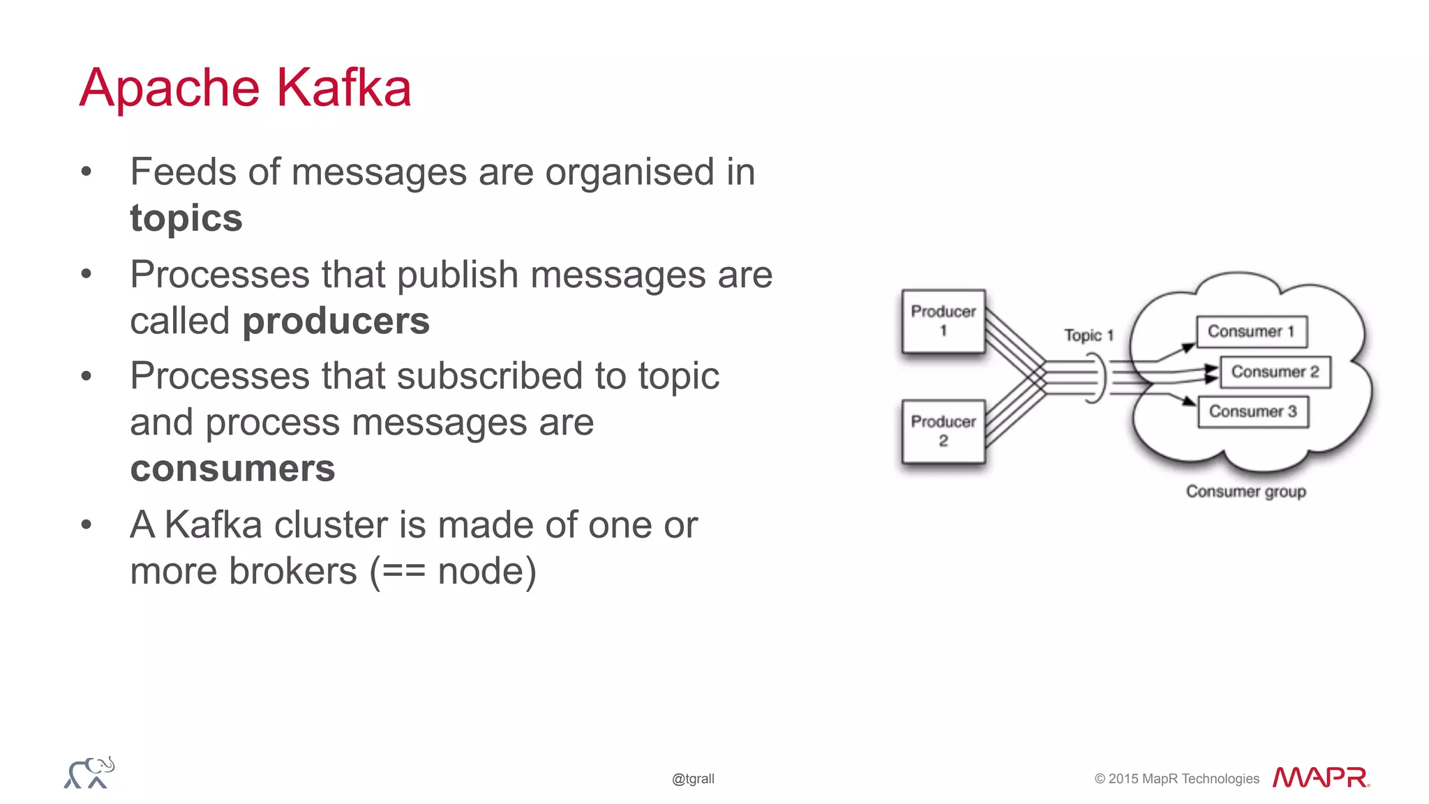 © 2015 MapR Technologies@tgrall
Apache Kafka
• Feeds of messages are organised in
topics
• Processes that publish messages are
called producers
• Processes that subscribed to topic
and process messages are
consumers
• A Kafka cluster is made of one or
more brokers (== node)
 