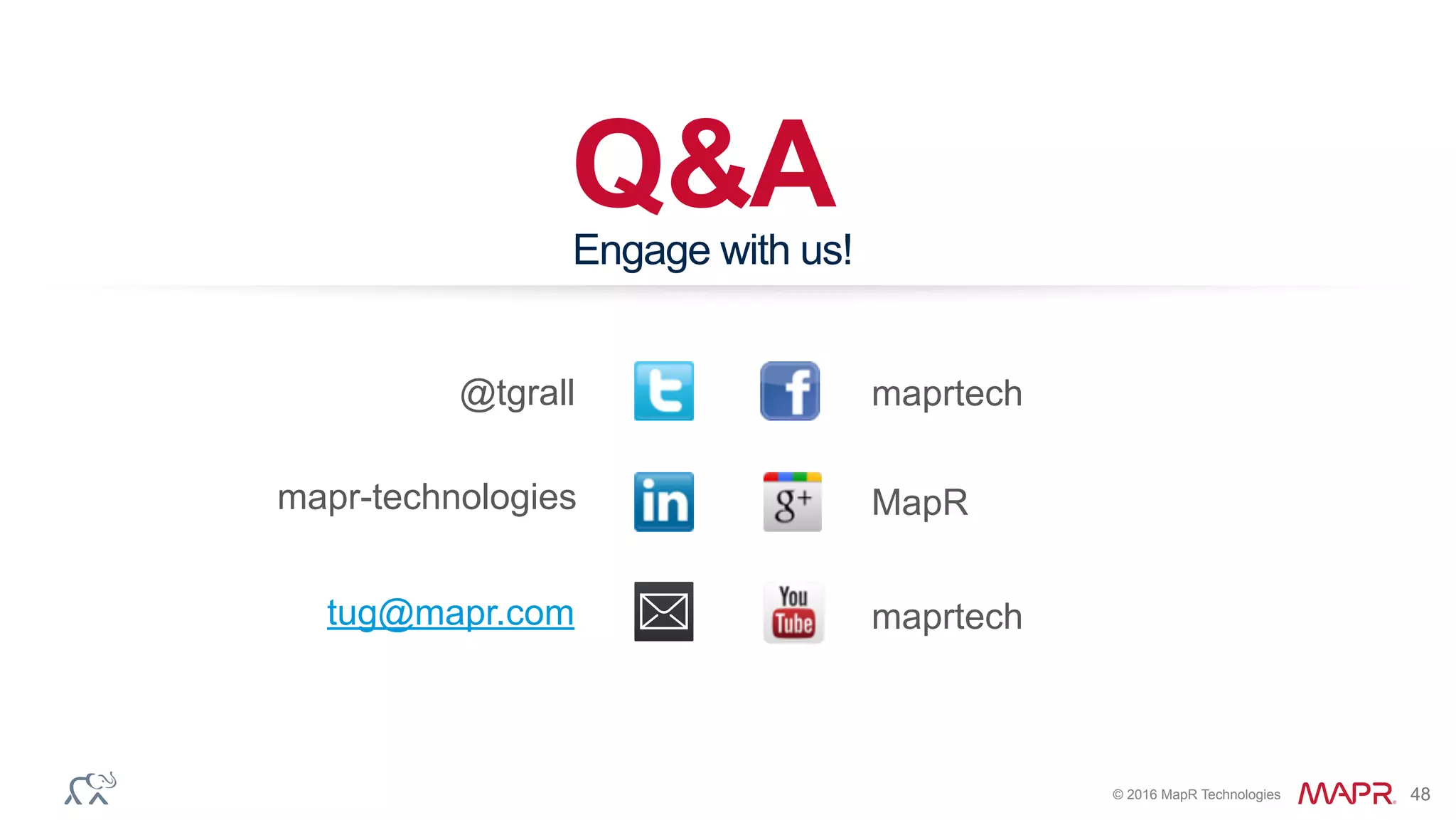 © 2016 MapR Technologies 48
Q&A
@tgrall maprtech
tug@mapr.com
Engage with us!
MapR
maprtech
mapr-technologies
 