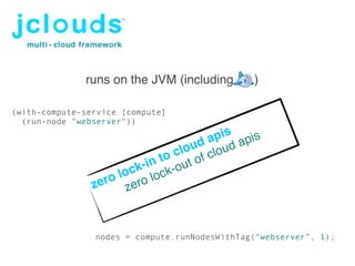 github jclouds/

              runs on the JVM (including       )

(with-compute-service [compute]
  (run-node "webserver"))
                                       pis pis
                                    d a ud a
                                 lou clo
                              o c t of
                       k- in t -ou
                    loc lock
                zero zero



                nodes = compute.runNodesWithTag(“webserver”, 1);
 