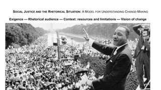 SOCIAL JUSTICE AND THE RHETORICAL SITUATION: A MODEL FOR UNDERSTANDING CHANGE-MAKING
Exigence — Rhetorical audience — Context: resources and limitations — Vision of change
 