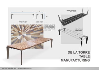 ALL RIGHTS RESERVED 2017
DE LA TORRE
TABLE
MANUFACTURING
MARINE PLYWOOD
Black Painted
11’
30”
FRONT VIEW
3’
SIDE VIEW
METAL FRAME
Black Painted
"Lorem ipsum dolor sit amet,
consectetur adipiscing elit, sed
do eiusmod tempor incididunt ut
labore et dolore magna aliqua. Ut
enim ad minim veniam, quis
nostrud exercitation ullamco
laboris nisi ut aliquip ex ea
commodo consequat.
 